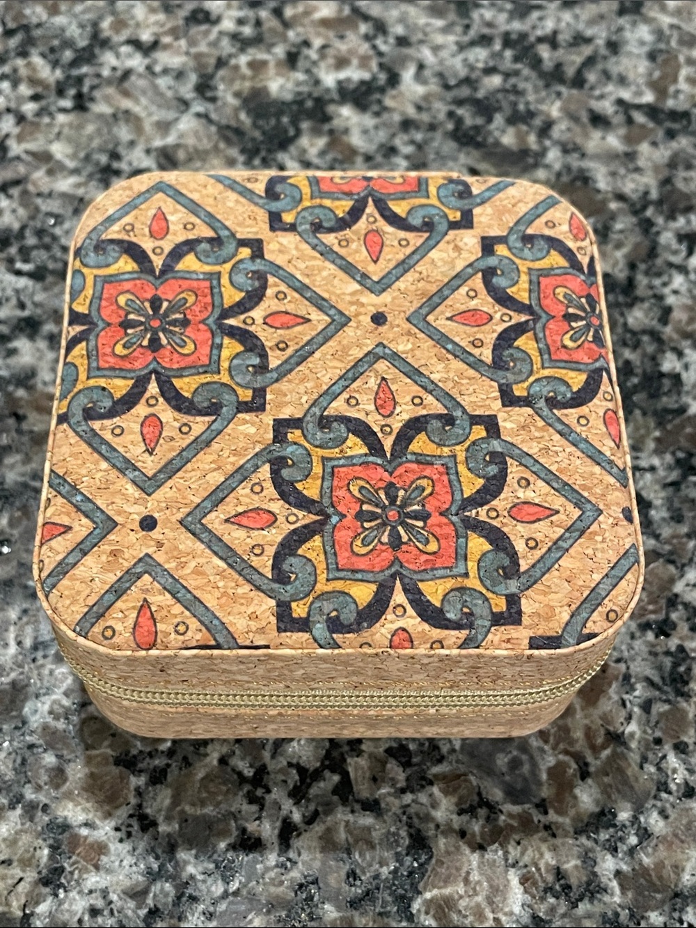 Patterned Boho Cork Jewelry Travel Case in Tan with Red Accents